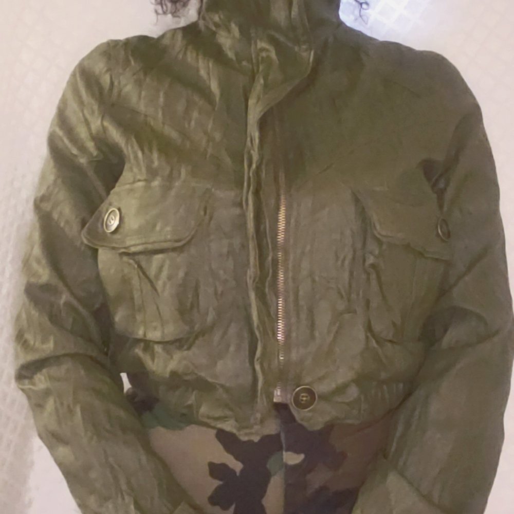 Olive Cropped Leather Jacket by Bebe size medium